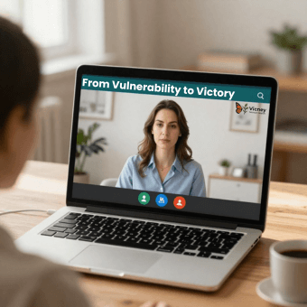 Client participating in a virtual therapy session on a laptop, reflecting personal growth and transformation.