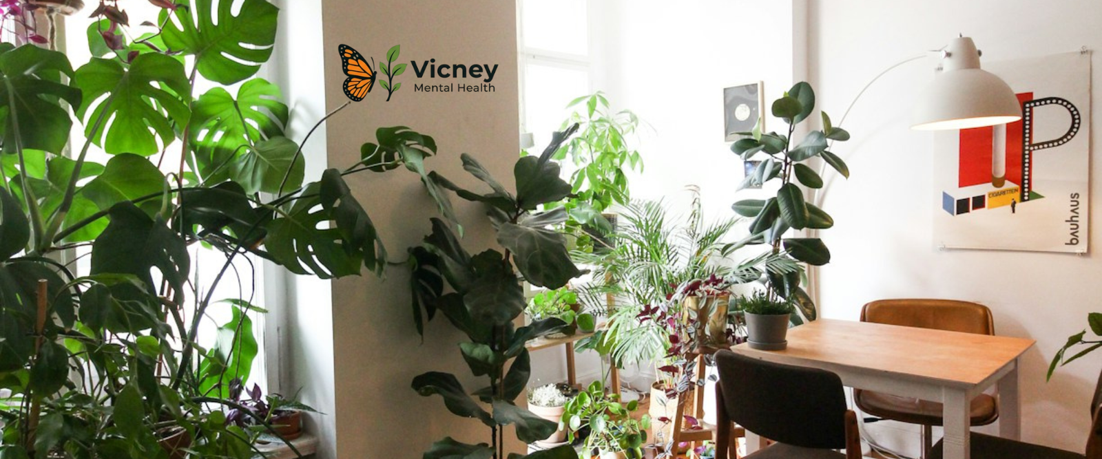 Support that guides you towards healing and resilience. Bright office space with many plants, a table and chairs, a floor lamp, and the Vicney Mental Health logo.
