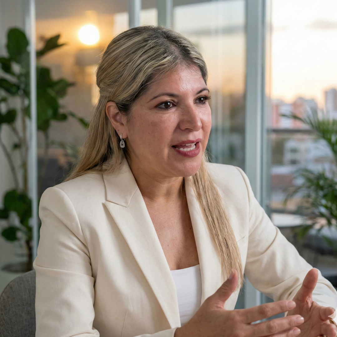 Woman in a cream blazer speaking in a bright office with large windows and plants.
