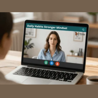 A person in the foreground, seen from behind, observes the screen of a laptop displaying a video call. On the screen appears a young woman with brown hair and a blue shirt, situated in a brightly lit office environment. Prominently displayed at the top of the screen is a dark green banner featuring the text "Daily Habits Stronger Mindset" and the "Vicney" logo—an orange butterfly.