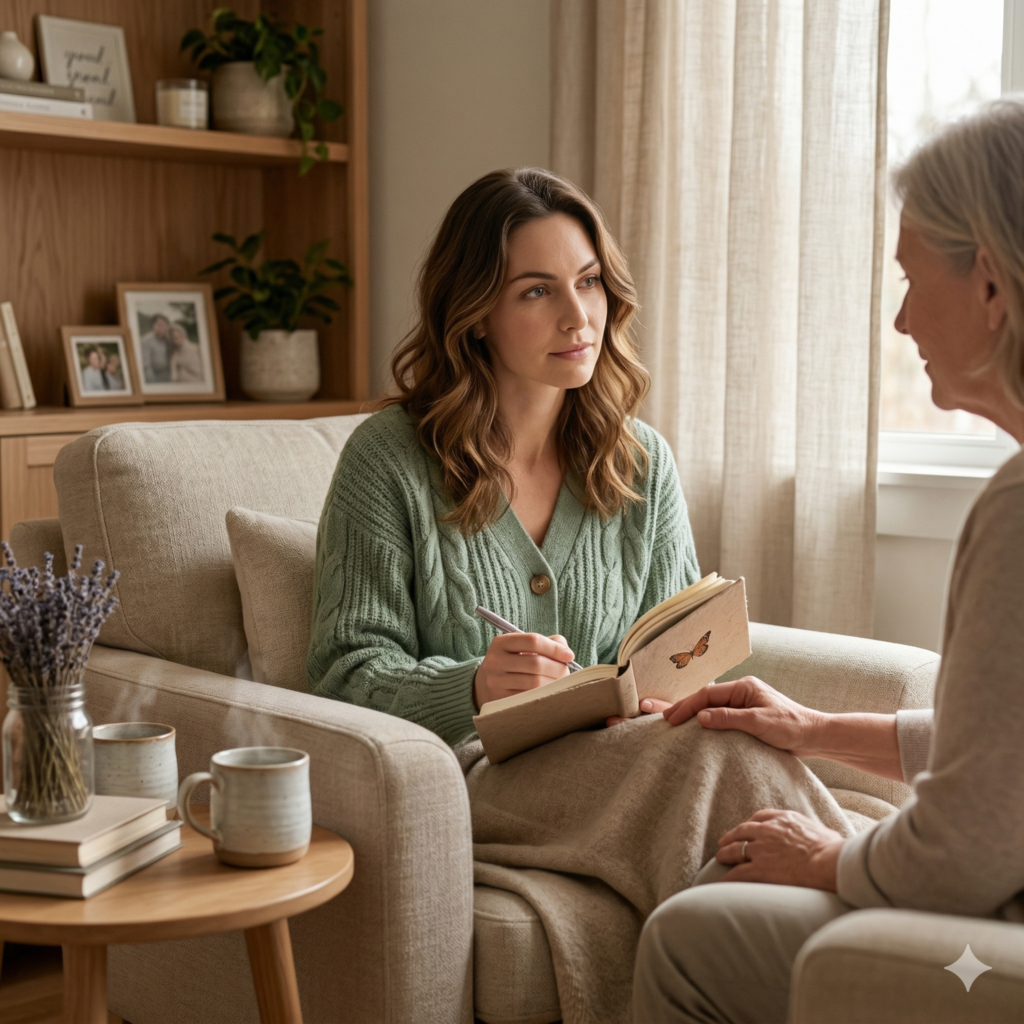 A warm, soft photograph of two women in a cozy living room. The younger woman—with wavy brown hair and wearing a sage-green cardigan—sits in an armchair, holding a notebook adorned with a butterfly and gazing intently at the older woman, who is shown in profile with gray hair. The older woman, seated opposite her, gently rests her hand upon the notebook, conveying support. The scene, illuminated by soft natural light, features a background of wooden shelves filled with plants and books. In the foreground, a table holds steaming cups and lavender. The atmosphere evokes a sense of emotional connection, security, and reflection.