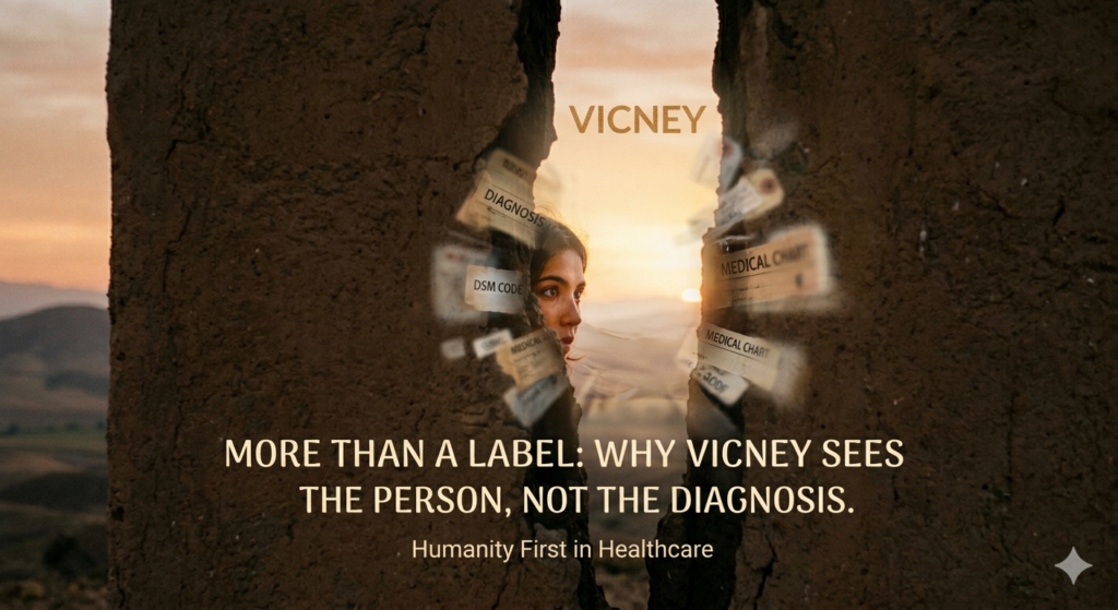 More Than a Label: Why Vicney Sees the Person, Not the Diagnosis A young woman looks hopefully through a narrow opening in a wall toward the light of the rising sun, symbolizing the humanistic vision in healthcare in the face of medical diagnostic labels.